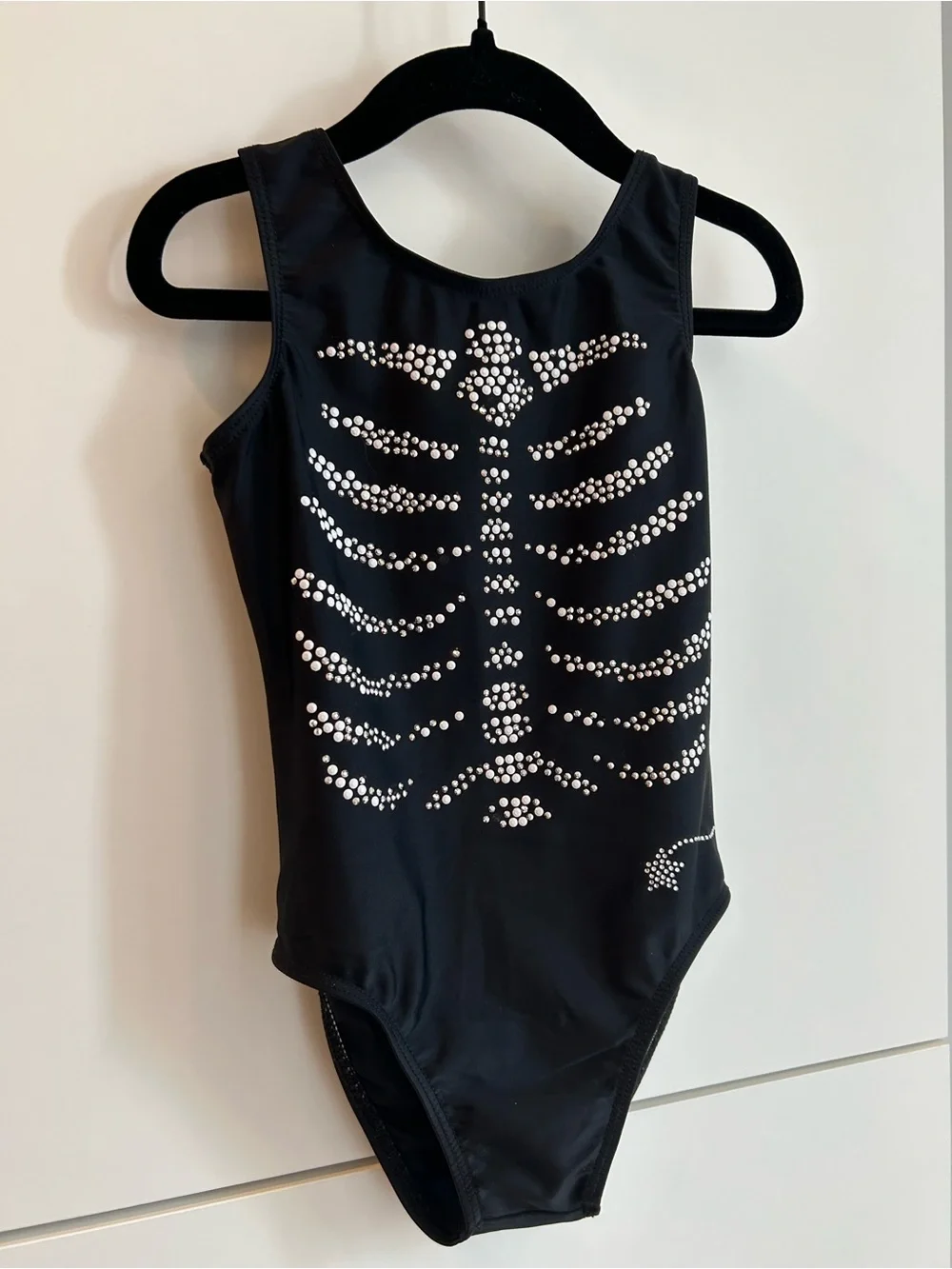 Destira Black Gymnastics or Dance Leotard with Silver Rhinestone Skeleton Design